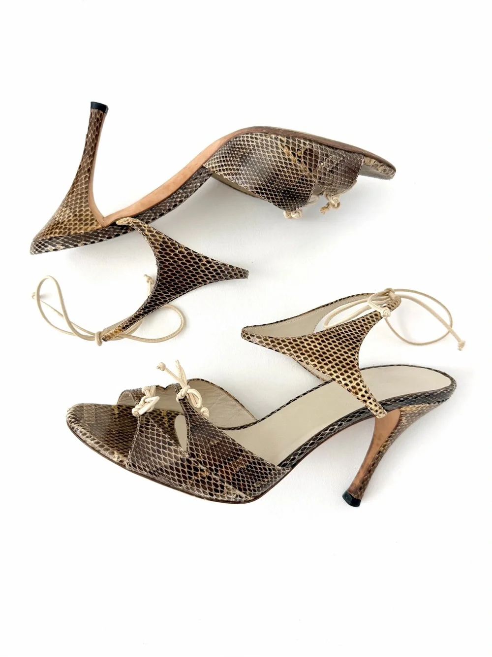 GUCCI | Vintage Snakeskin Bow Ankle Tie Stiletto Sandal Heels Brown Size 8.5B